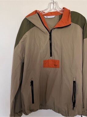 Zara Khaki Anorak Windbreaker with Olive Shoulders & Orange Trim